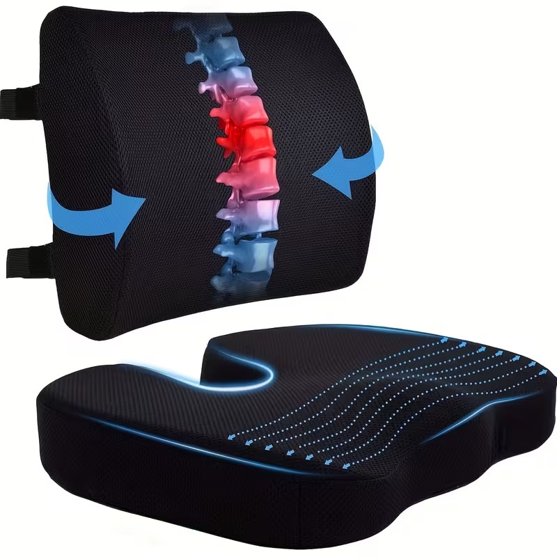 Memory Foam Seat Cushion and Lumbar Support Pillow Set
